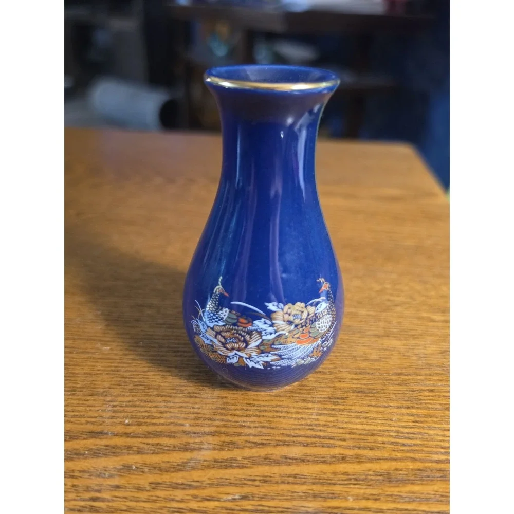 Small Vintage Japanese Cobalt Blue Vase Peacock Flowers‎ & Gold Bud Antique Cute